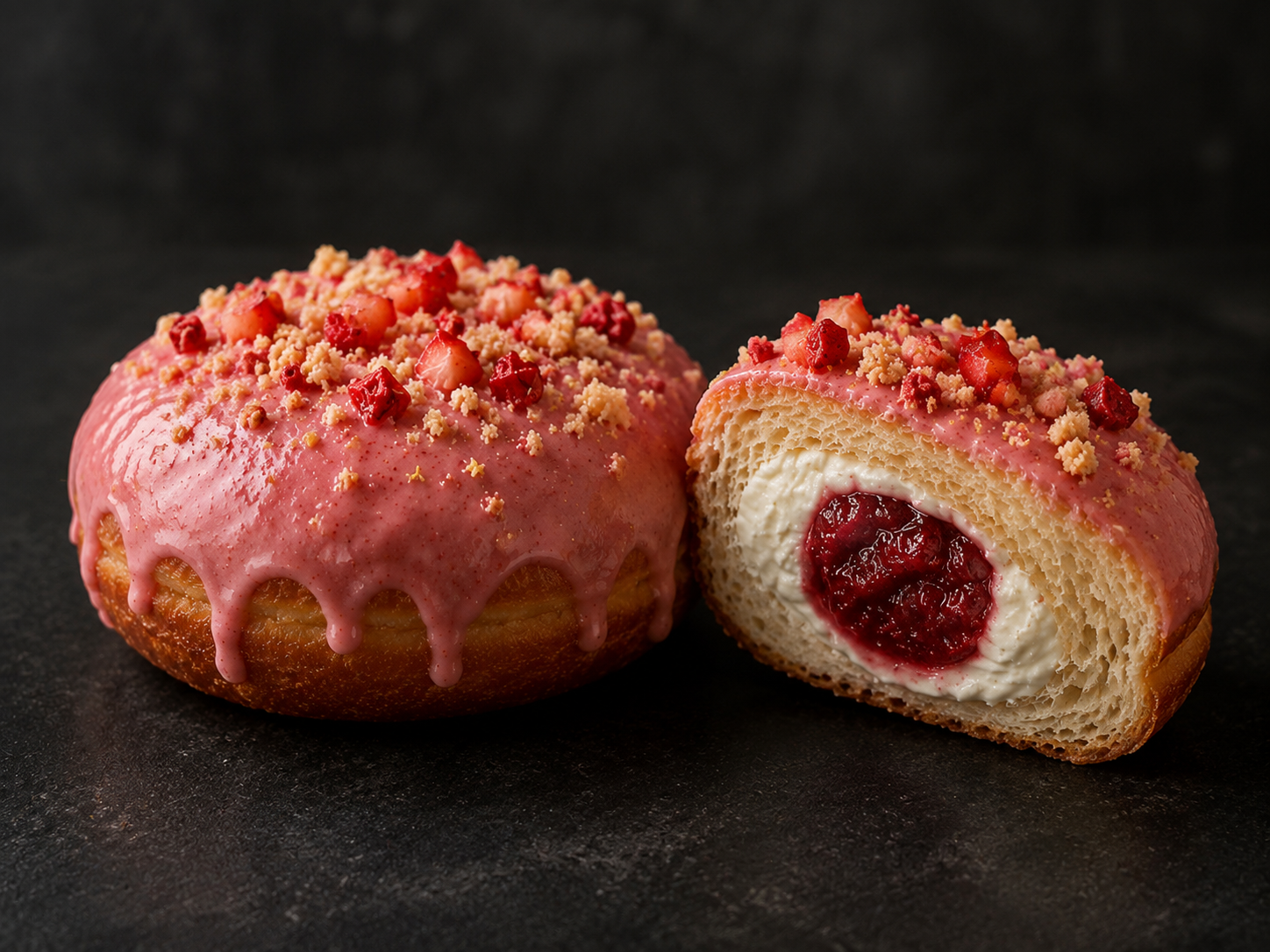 A whole holeless Ichigo Bloom filled donut beside a cut half showing vanilla bean mascarpone and roasted strawberry compote